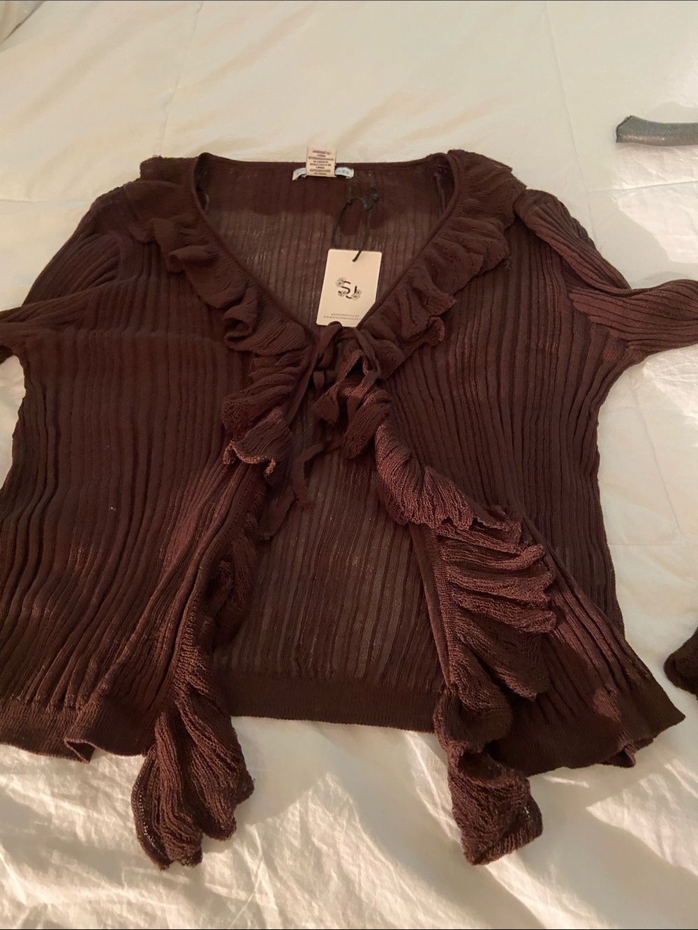 🤎Sincerly Jules Women's Brown Ruffled V-Neck Cardigan🤎 - Picture 6 of 12